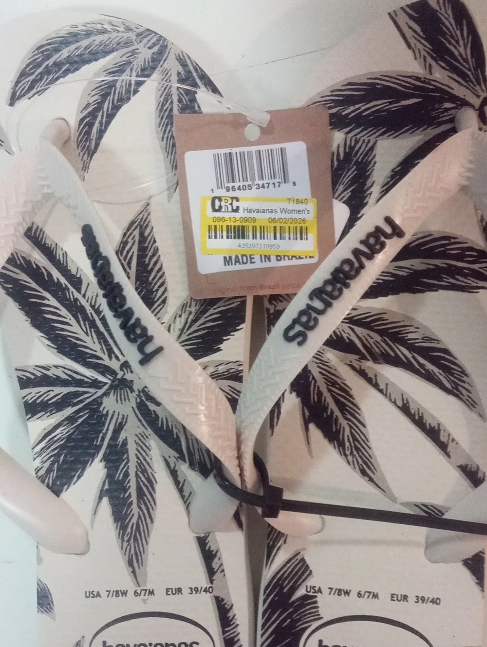 Havaianas White Flip Flops with Black Palm Print Unisex W 7/8 Men 6/7 NWT $34